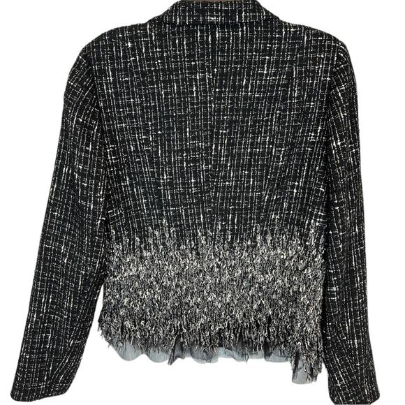 Rickie Freeman Teri Jon Tweed Black White Fringe wool blend Blazer Size 14 - Picture 5 of 16